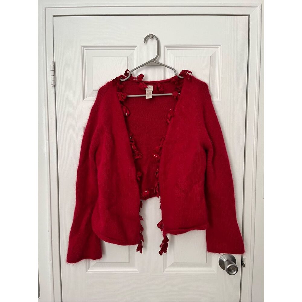 J. Jill Cardigan Sweater Large Petite Womens Red Christmas Lambswool Angora Rabb